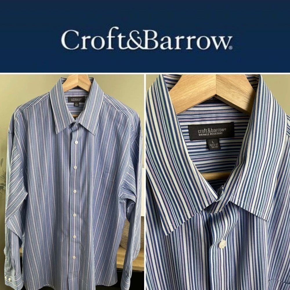 Croft & Barrow Men’s Long Sleeve Button Up Striped Shirt Size L 16.5-17 / 34-35